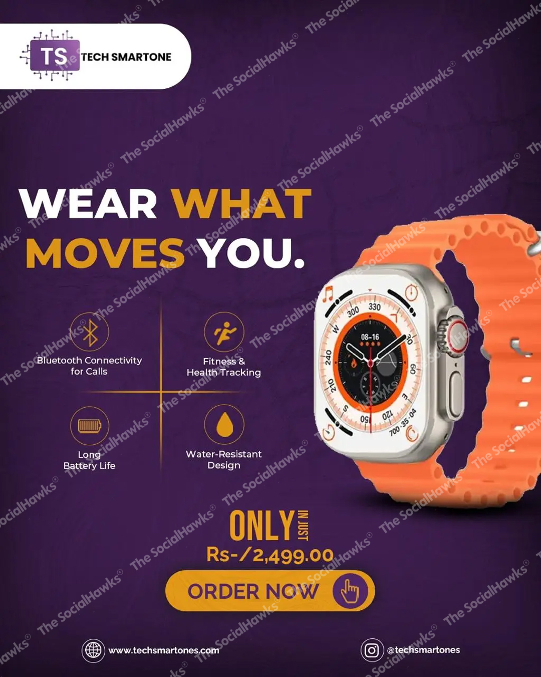 Tech SmartOne orange Ultra smartwatch features ad with Bluetooth and health tracking at Rs 2499